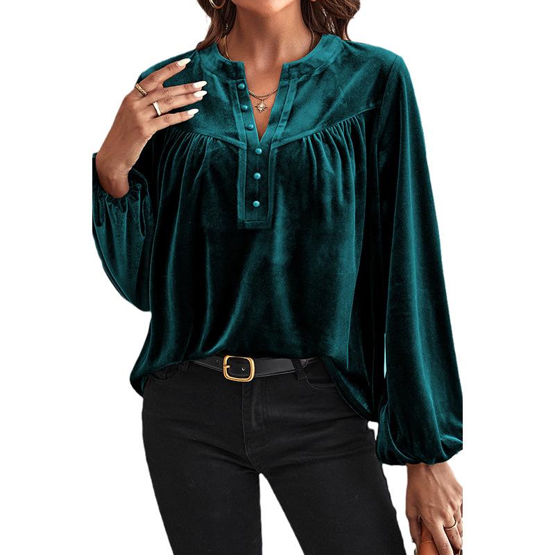 YYFS Женские модные повседневные весенне-осенние однотонные блузки и рубашки с v-образным вырезом и длинным рукавом с принтом