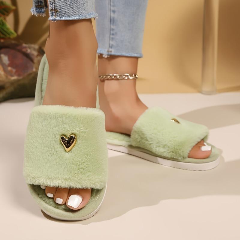Новые плюшевые тапочки класса люкс для женщин, украшенные сердечками, с открытым носком, подходят для спальни, гостиной, дома, подходят для всех сезонов