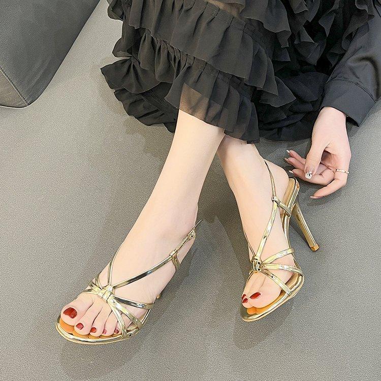 Gold Ankle Strap Heels Ladies 2024 Summer Sexy Stilettos Party Shoes Fashion Party Fashion Heels Solid Color Clasp Rubber