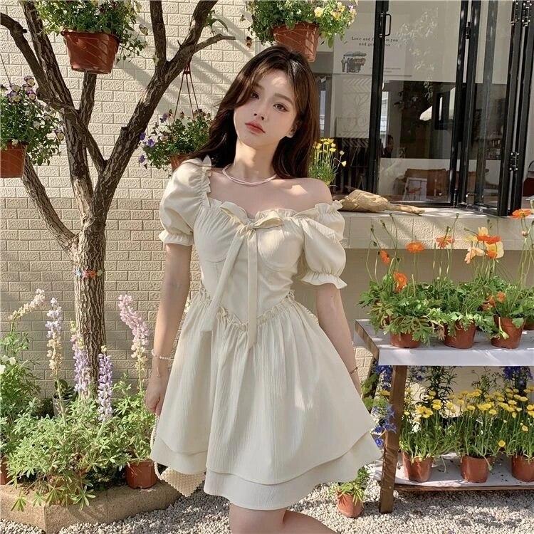 Мини-платья Женские Французский стиль Ярко-сладкие универсальные Эстетические шорты с рукавами High Street Продвинутый хипстерский темперамент Лето Повседневные