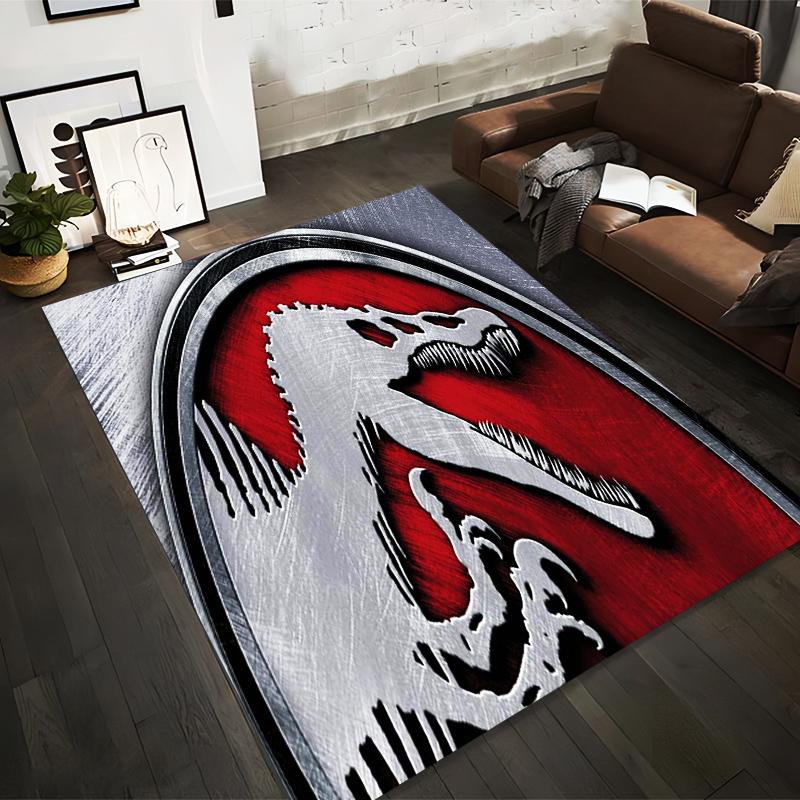 Red and Silver Dinosaur Skeleton Logo Pattern Carpet with Metallic Textured Design" Suitable for use as an anti-slip1 for1room and bedroom sofas