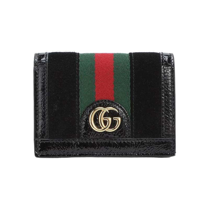 Gucci Ophidia gold label logo striped webbing leather splicing short flip card holder wallet men's black