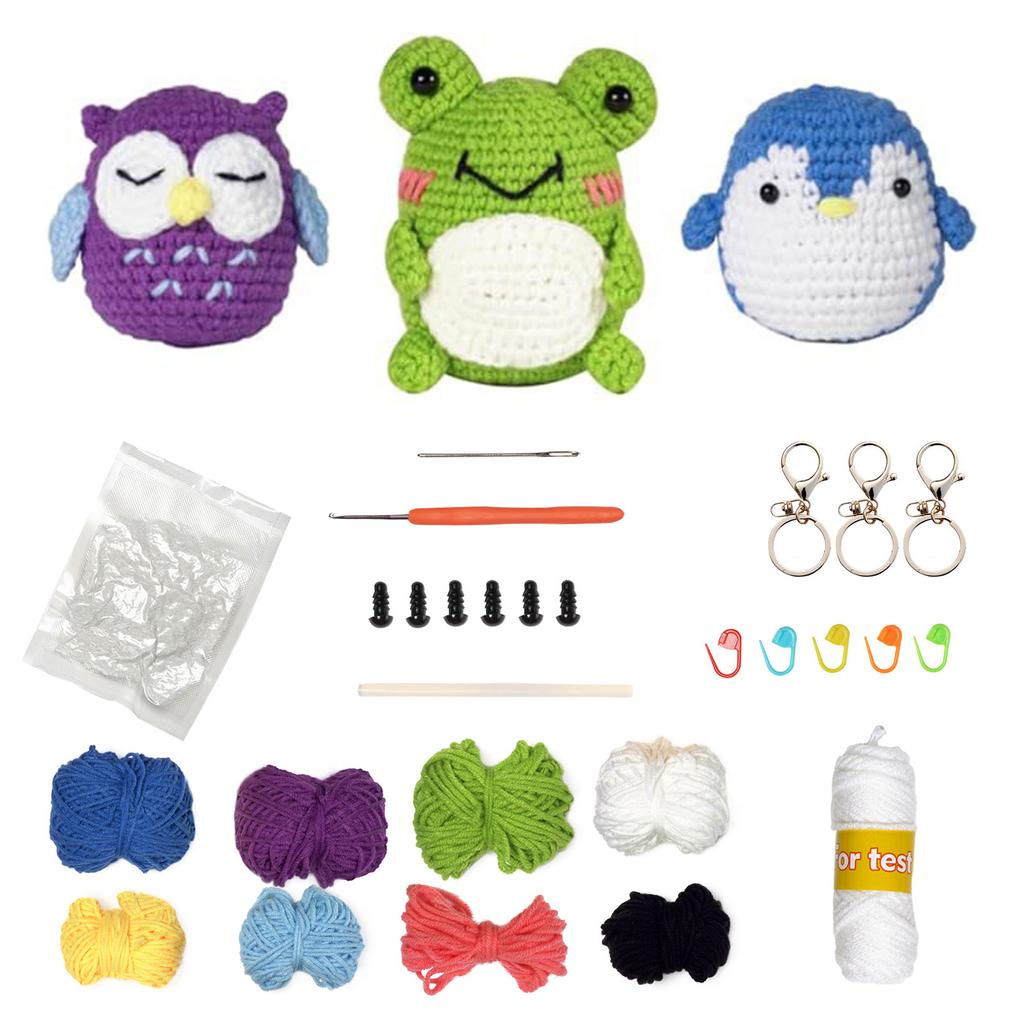 DIY Frog Owl Penguin Crochet Kits Beginner DIY Crochet Starter with Yarn, Crochet Hook, Needle, Knitting Marker, Eyes