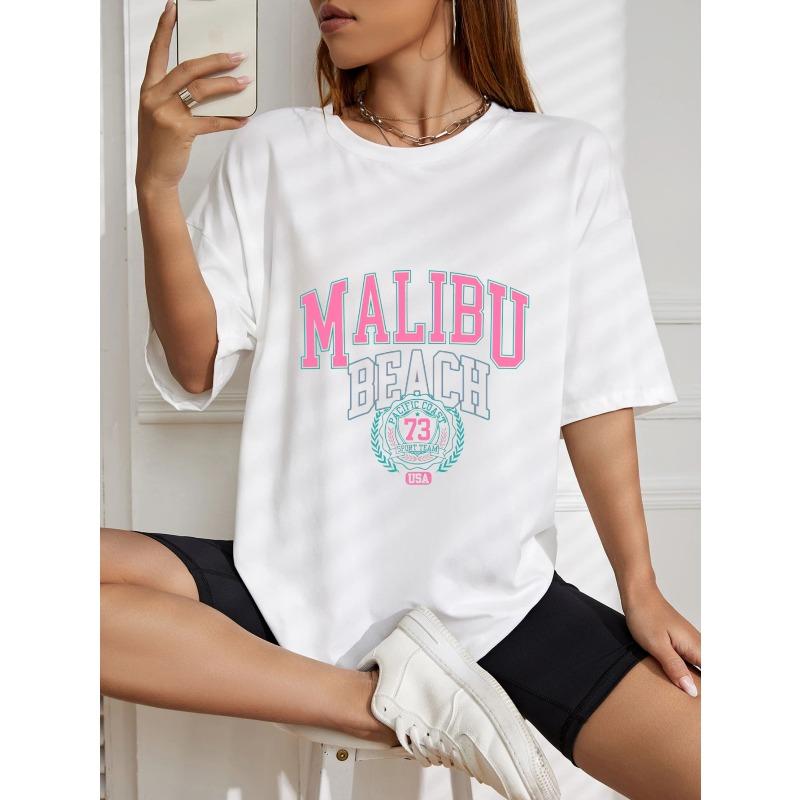 Белая футболка оверсайз с графическим принтом Malibu Beach, с розовым и синим текстом и логотипом 73, летняя повседневная одежда для женщин