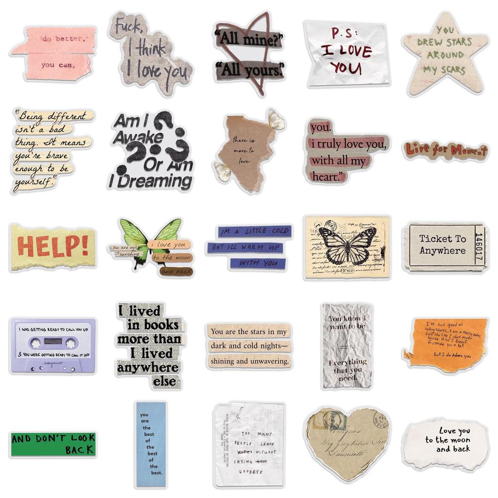 Transparent Retro English Text Stickers - 50 Sheets, Waterproof & Creative for Journals or Cups