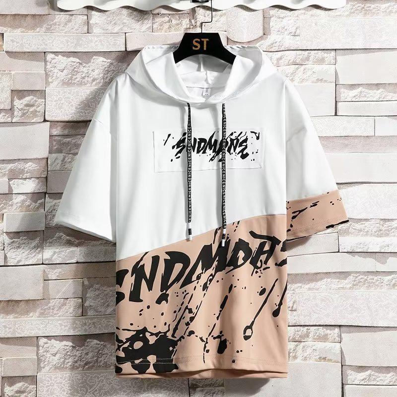 Мужская модная летняя футболка с капюшоном - свободный крой, короткие рукава