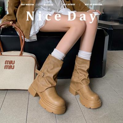 Женские короткие ботинки на платформе, новые, для путешествий, средней высоты, на толстой подошве, ботинки Мартин, ботинки с широким голенищем, ботинки-трубы, женские ботинки большого размера 41