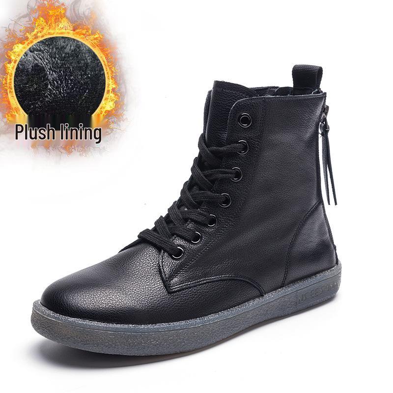 Женские Белые Ботинки Мартинс Большого Размера Высокие - 2025 Универсальные Осенне-Зимние На Плоской Подошве с Утеплением Флисом и Двойными Молниями.