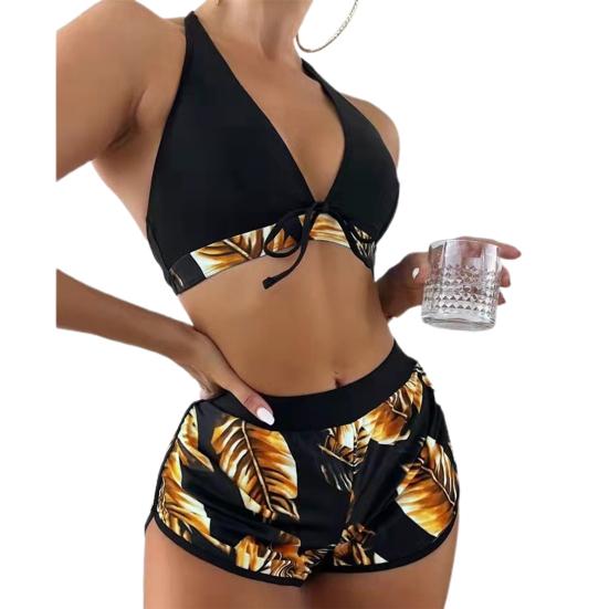 3 шт./компл. разделенное бикини с принтом листьев и бантом, трехсекционный тонкий купальник с открытой спиной для плавания