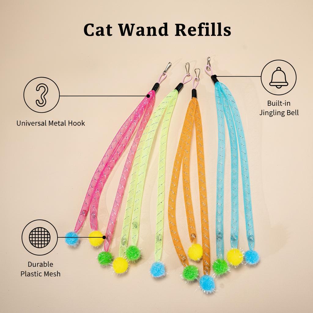 2pcs Random Colors,Cat Wand Refill with Bell & Pom Pom, Colorful Mesh Tube Interactive Cat Teaser Replacement, Durable Cat Toy