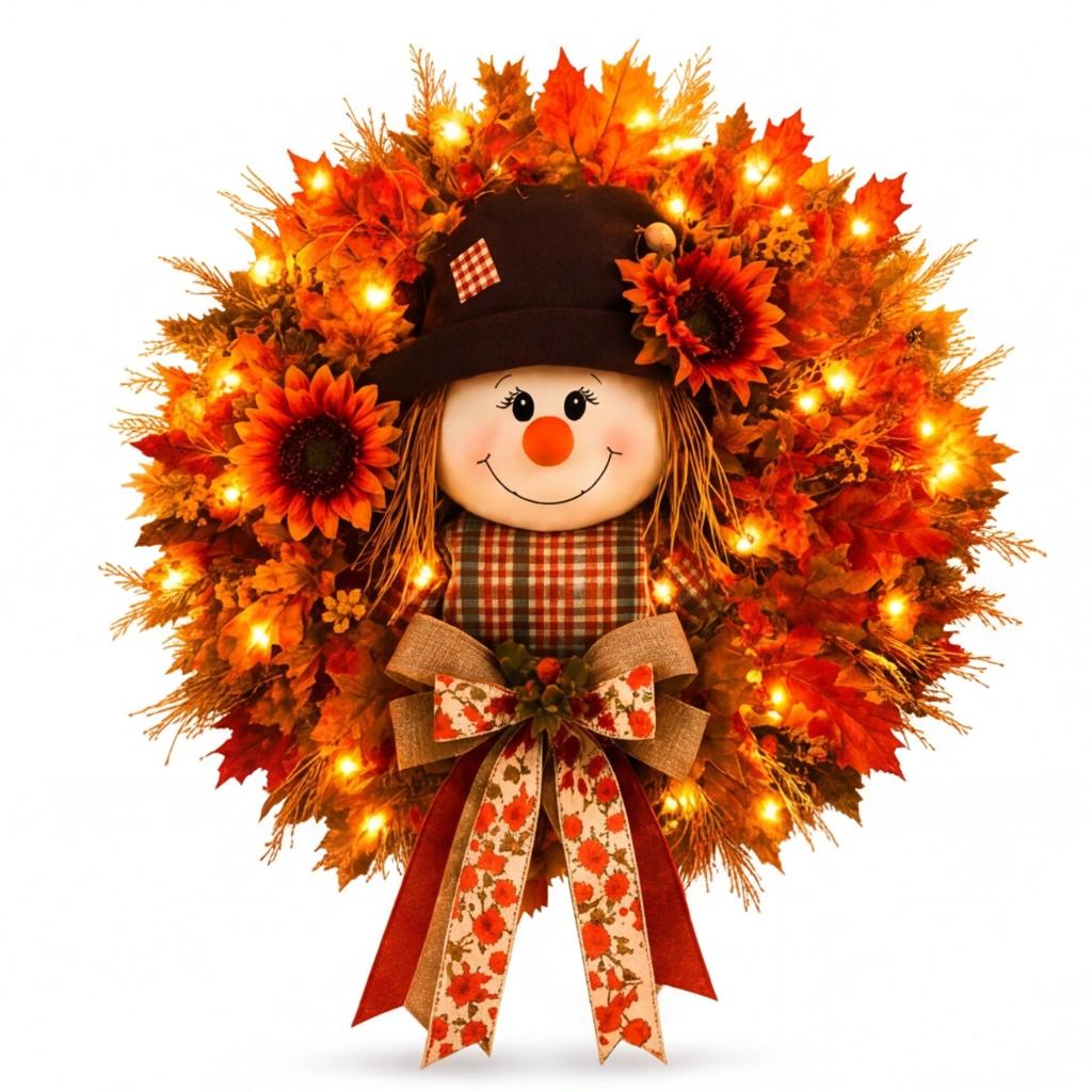 Lighted Scarecrow Fall Wreath 18 Inch Autumn Halloween Thanksgiving Decor with Warm White LED for Front Door Wall Fireplace Covered Porch Farmhouse