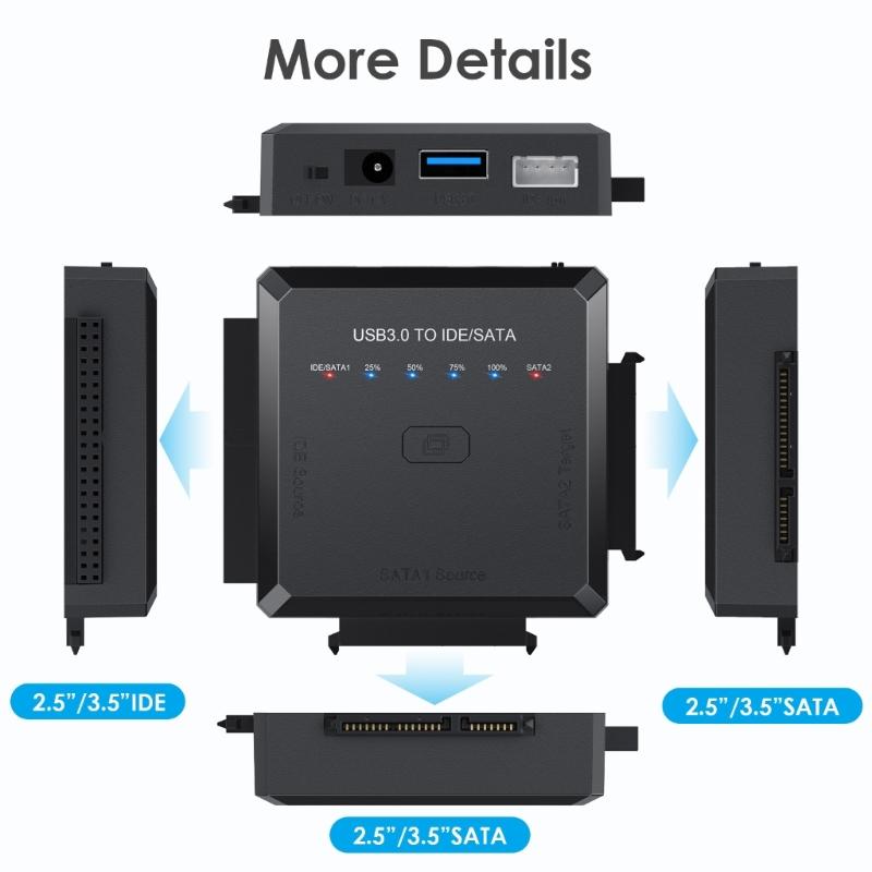 USB-адаптер SATA IDE с кабелем питания 12 В 2 А, конвертер 2,5/3,5 IDE/SATA HDD в USB 3.0, 2,5-дюймовый SSD / IDE-жесткий диск / CD-ROM