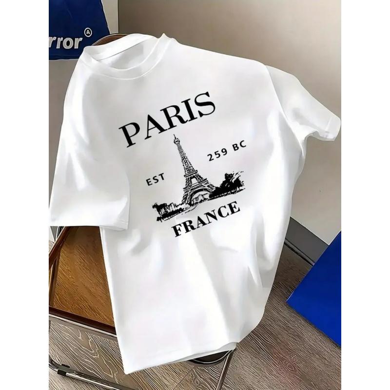 Мужская винтажная футболка с графическим принтом Paris - Дизайн с Эйфелевой башней и текстом Paris, Свободный крой, Круглый вырез, Дышащая повседневная рубашка для повседневного и официального случая