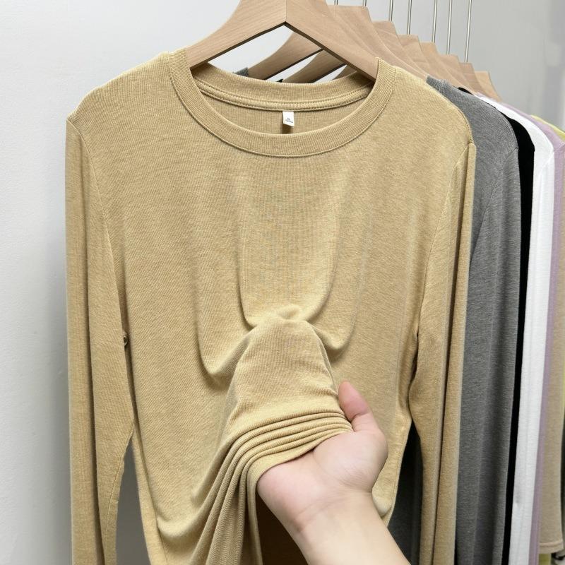Gray skin-friendly soft waxy mask T-shirt women's long-sleeved early spring elastic simple round neck bottoming shirt versatile top