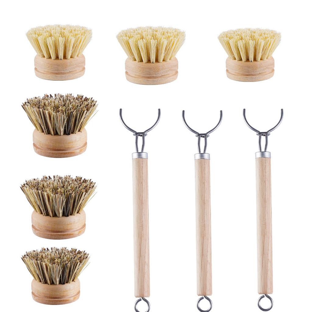 Бамбуковые щетки-скребки для посуды, деревянные кухонные скребки для мытья чугунной сковороды/кастрюли, натуральная щетина из сизаля, сменные