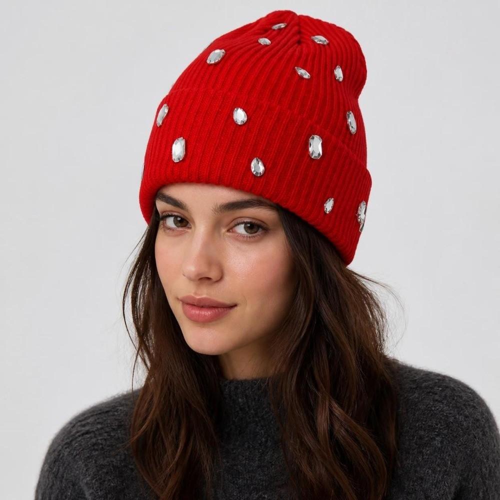 Rhinestone-embellished Beanie Hat Solid Color Skull Cap Fashionable Rhinestone-adorned Hat Winter
