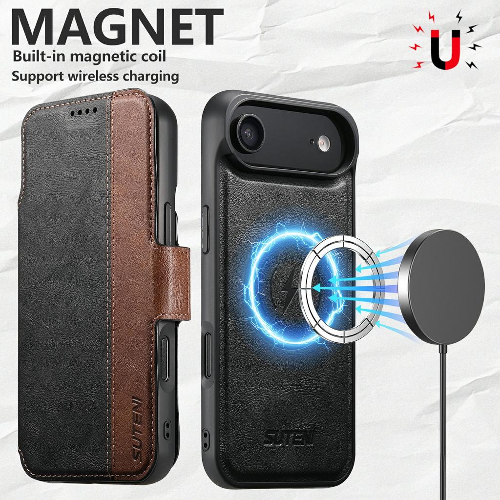 SUTENI Q-07 For iPhone 17 Air Case Magnetic Color Splicing Cowhide Texture Leather Cover
