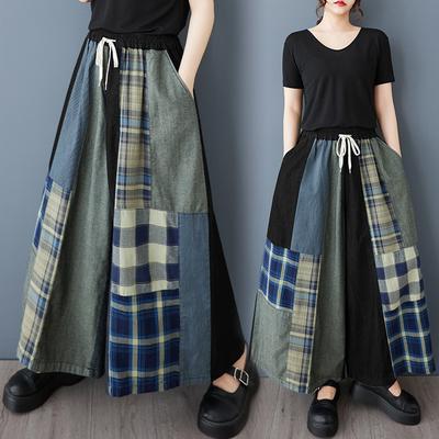 2025 Весна Плюс Размер Джинсы Длинные Брюки Женские Повседневные Эластичные Базовые Свободные Клетчатые Широкие Брюки С Высокой Талией