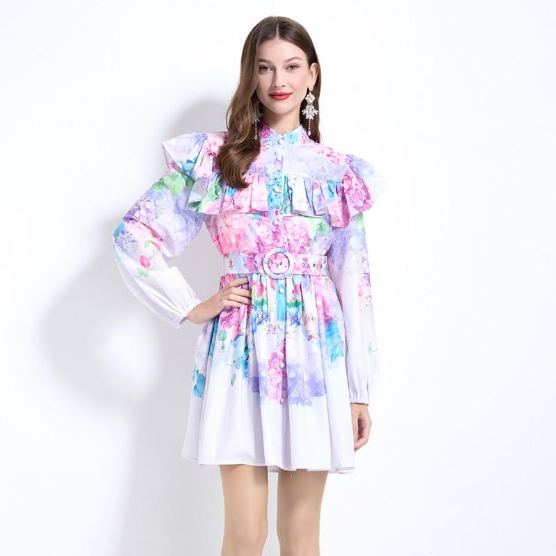 Весна Лето Женщины Фонарики Рукава Оборки Мини Короткие Принцесса Праздничные Пляжные Платья С Поясом