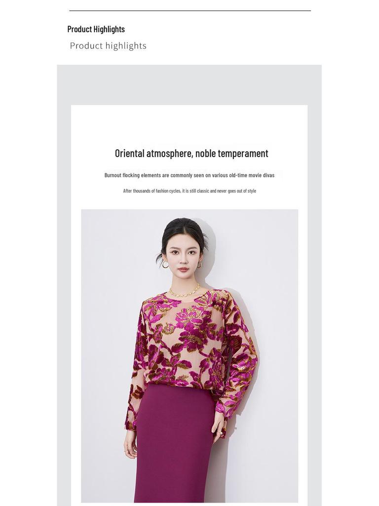 Luxury Women's Long Sleeve Flocked Top with Bright Silk Burnout Design