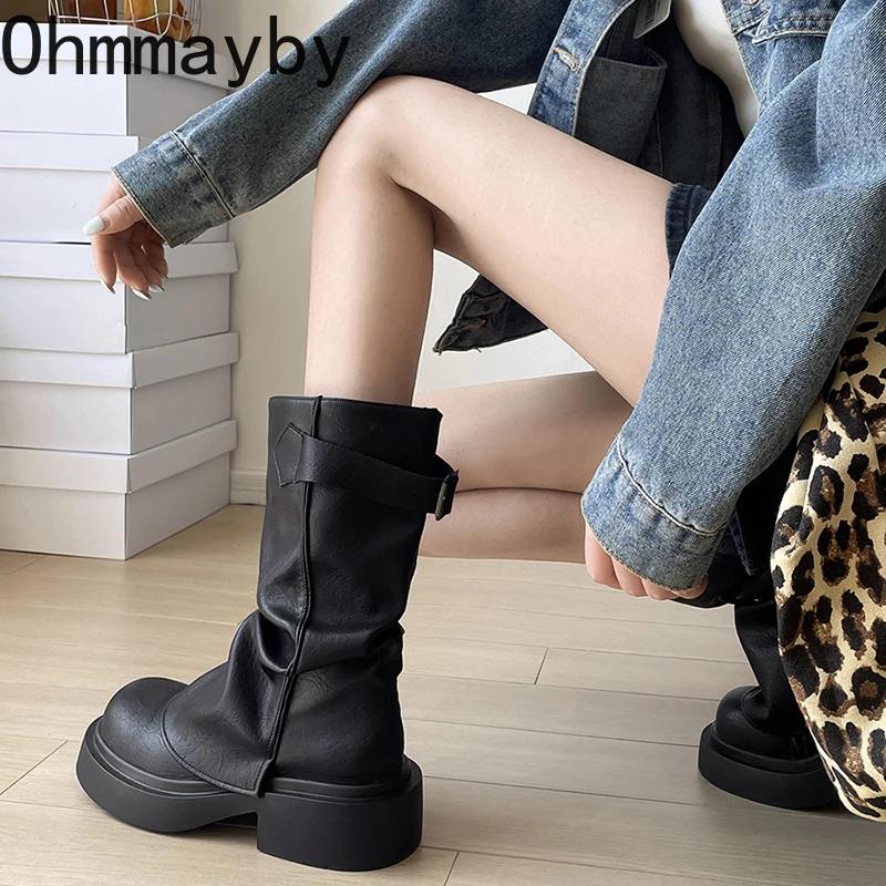 Fashion Vintage Women Western Cowgirl Boots Fashion Belt Buckle Shoes Autumn Winter Thick Heel Ladies Modern Short Booties