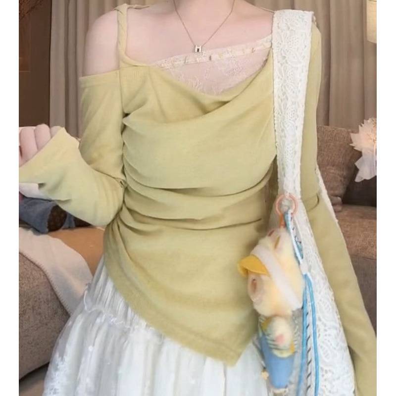 Spring Korean Style Womens Lace Spliced Top With Solid Color Design For Fashionable Outfits