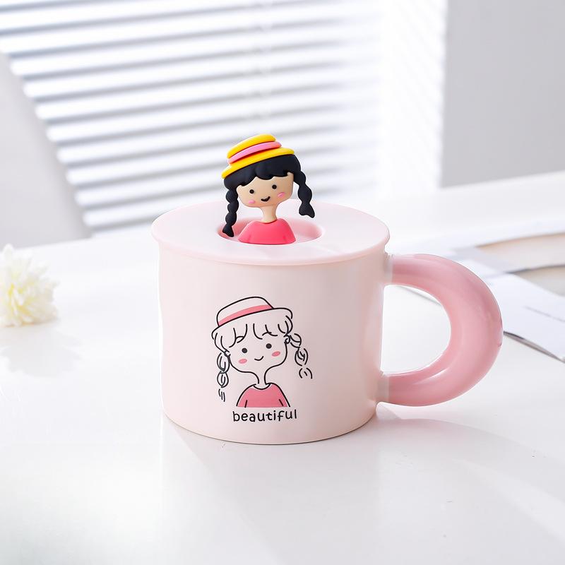 Корейская милая кружка с мультяшным персонажем, розовая, с сердечком, керамическая чашка для воды с крышкой, кофейная чашка, парная чашка