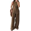 Women's Irregular Hem 2 Piece Outfit Sleeveless Crew Neck Top Wide Leg Pants Lounge Set Summer Casual Tracksuit