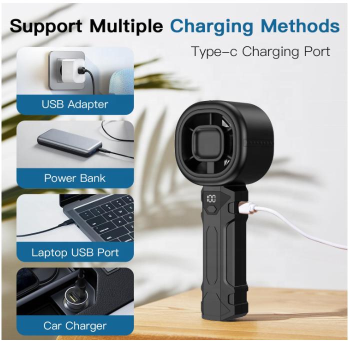 Portable Wearable Handheld Turbo Fan Digital Display 5 Wind Speeds USB Rechargeable Quiet Operation Car RV Use