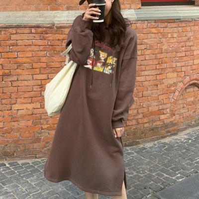 Женская мода Осень Зима Длинный рукав Капюшон Свободный крой Повседневные платья