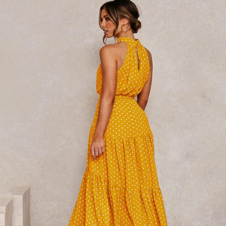 Женские однотонные длинные платья в горошек, лето 2023, сексуальное платье с лямкой на шее без бретелек на шнуровке, женское платье макси в стиле бохо, пляжные праздничные платья, повседневный халат