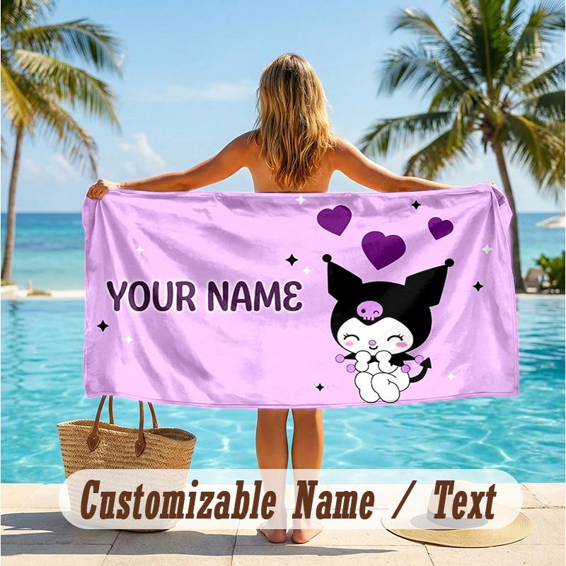 Custom Text Beach Towel, Soft Absorbent Swimming Multi-use TowelKuromi