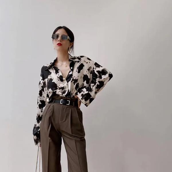 WTEMPO Женские рубашки с отложным воротником и длинным рукавом с принтом в стиле ретро, свободные повседневные универсальные блузки на пуговицах на весну и осень