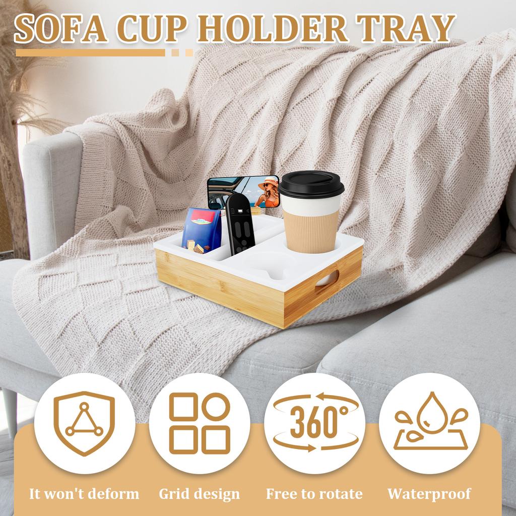 Couch Cup Holder Couch Caddy with Rotatable Phone Holder Wooden Sofa Cup Holder with Carrying Handle for Bed Car Beach Organizer
