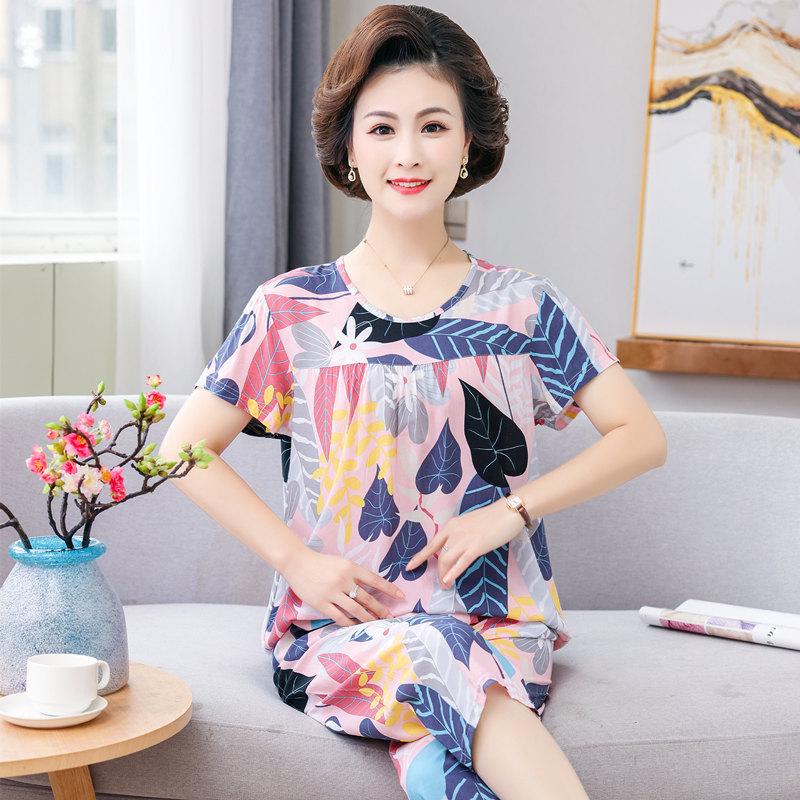 Женский летний хлопковый пижамный комплект больших размеров для женщин среднего и пожилого возраста - Домашняя одежда с короткими рукавами, подходящая для ношения на улице