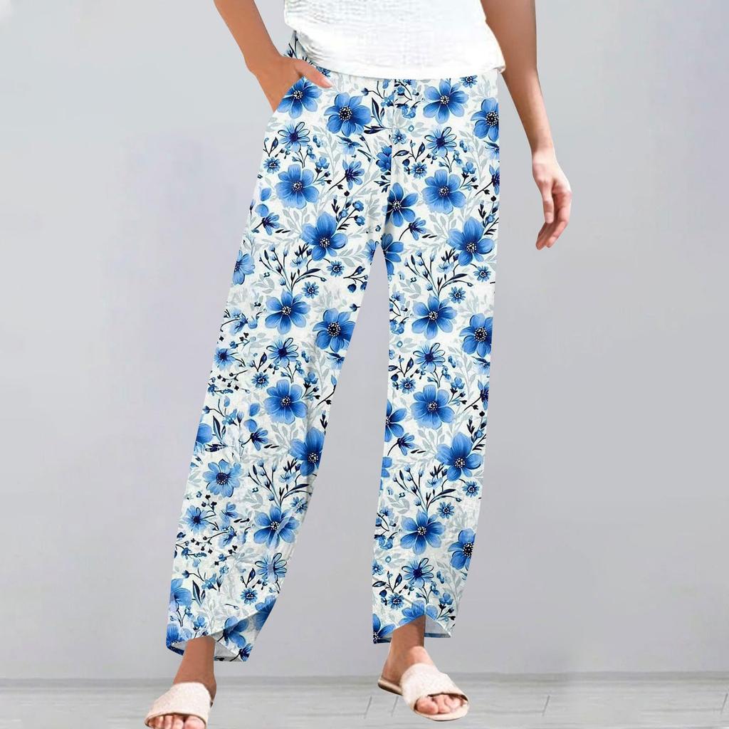 Брюки женские летние повседневные широкие брюки с эластичной резинкой на талии и карманами