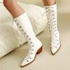 FOREADA Women Patent Leather Knee High Long Boots Pointed Toe Chunky High Heels Lace-up Gogo Boots Ladies Fashion Shoes Winter White 46