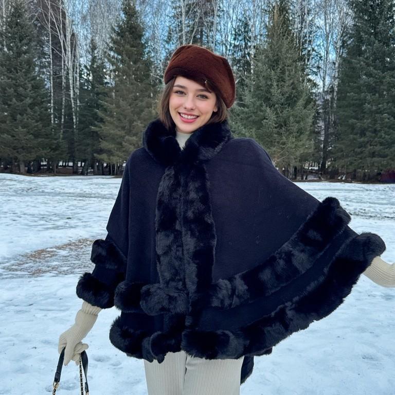 Женский пончо-накидка с капюшоном и отделкой из искусственного меха, теплая, с открытым передним краем, зимний шарф-накидка, объемное пальто-накидка