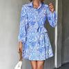 Women Shirt Short Dress Floral Print Belted Turn-down Collar Long Sleeves Button Closure Above Knee Casual Mini Dress