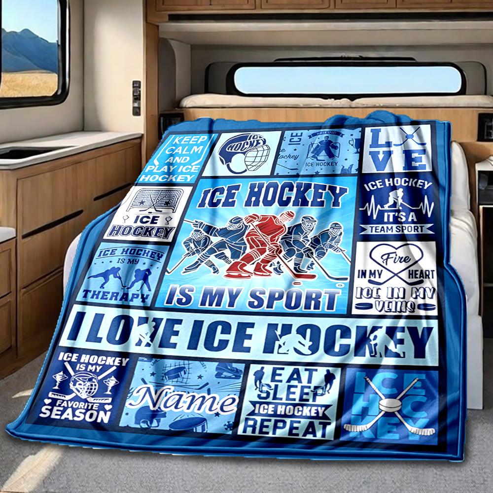 Ice Hockey Passion And Team Spirit Design Blanket Personalized Name Soft Comfortable Stylish Blanket Car Blanket Perfect For Travel Camping Outdoor