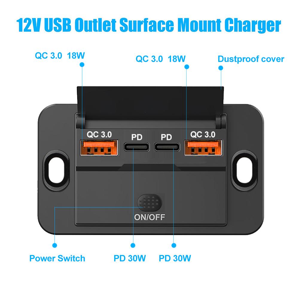 12 В 24 В USB-розетка для зарядки в автомобиле, двойной PD USB C-разъем, настенное крепление, аксессуары для автомобиля, лодки, морского кемпера, автофургона, грузовика, гольф-кара