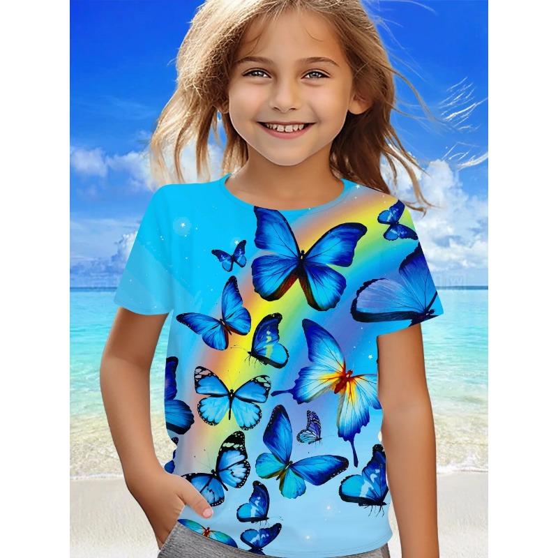 Детская одежда Одежда для девочек Футболка с коротким рукавом для девочек Милая бабочка с принтом Kawaii Круглый вырез для девочек Летняя детская одежда