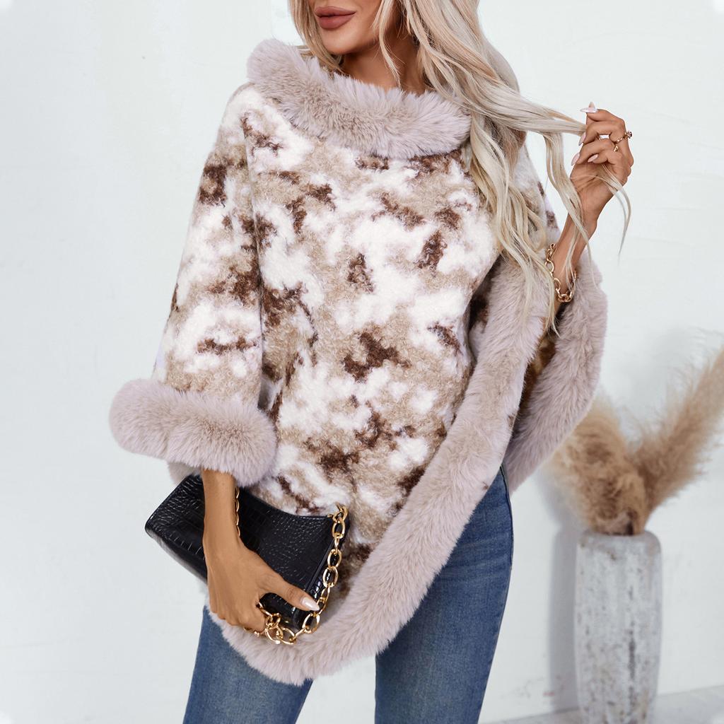 Women's Casual Poncho Faux Fur Shawl Wrap Cape with Faux Fur Trim Winter Sleeveless Cloak Coat Warm Pullover Luxury Knitted Sweater Poncho for Women