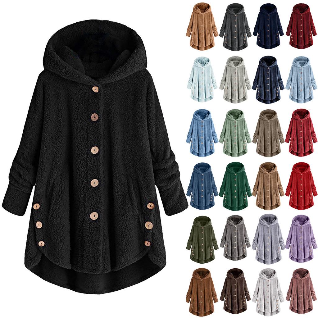 Women's Fashion Solid Color Pocket Button Hooded Loose Casual Plush Jacket
