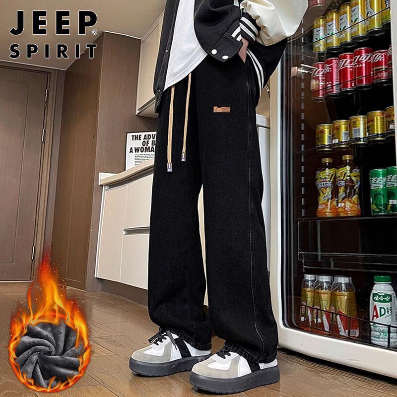 JEEP SPIRIT Men's Fleece-Lined Loose Straight Jeans