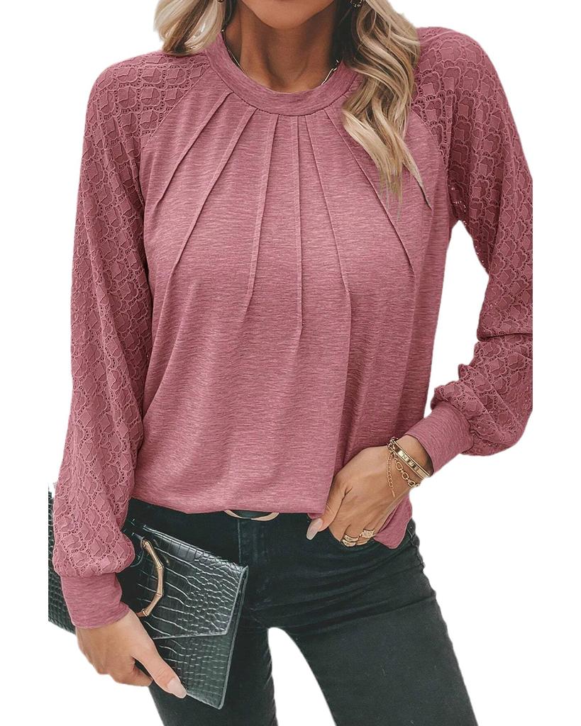 Azura Exchange Rose Pink Contrast Lace Raglan Sleeve Plicate Round Neck Top