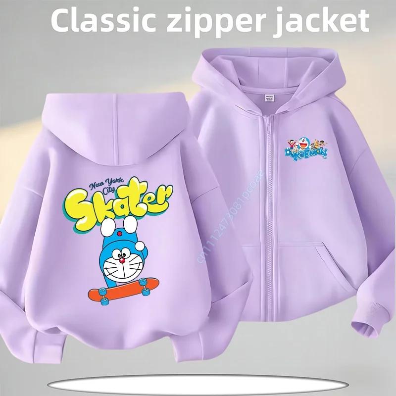 2026 New Doraemon Cartoon Print Children's Zippered Hooded Sweatshirt for Boys, Girls, Casual Top, Autumn-Winter Coat