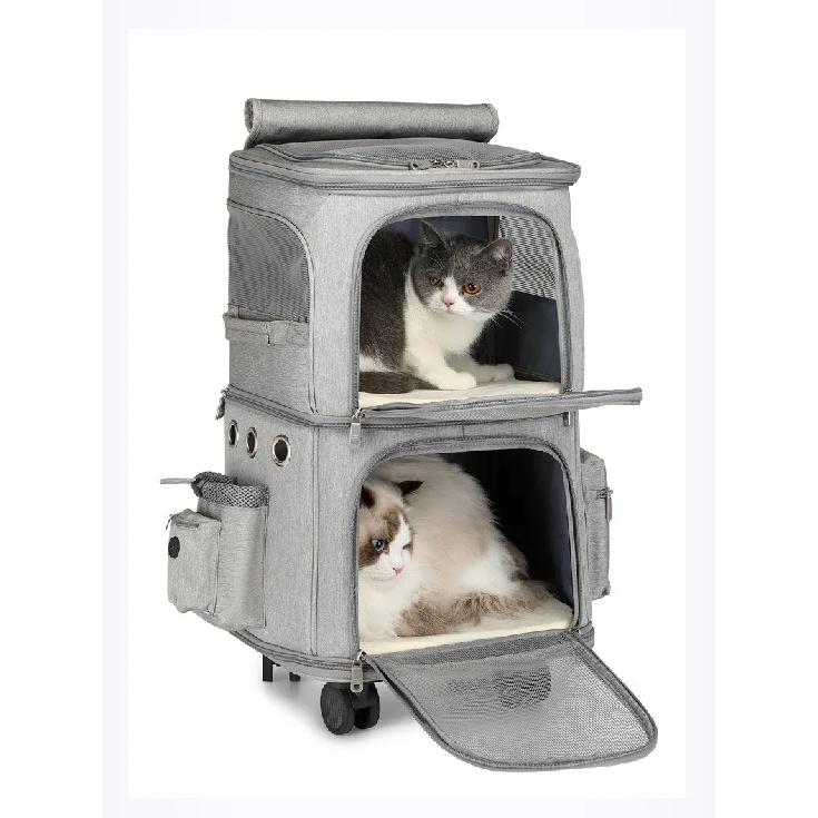 2-in-1 Rolling Pet Carrier Double Compartment Foldable Cat Stroller Large Breathable Travel Carrier for 2 Cats, Airline Approved