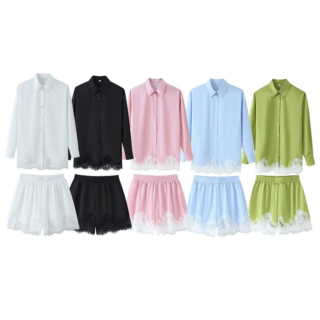 European and American style French women's clothing fashion versatile temperament casual lace shirt shorts set