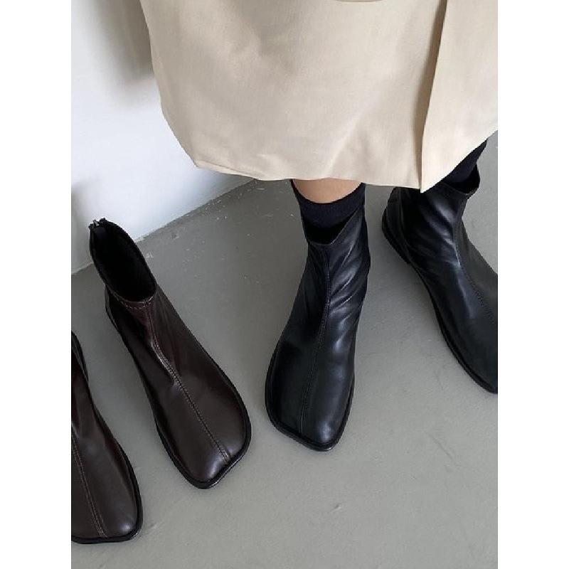Short boots women's spring and autumn single boots square head mango boots soft leather elastic thin boots retro fried street Martin boots